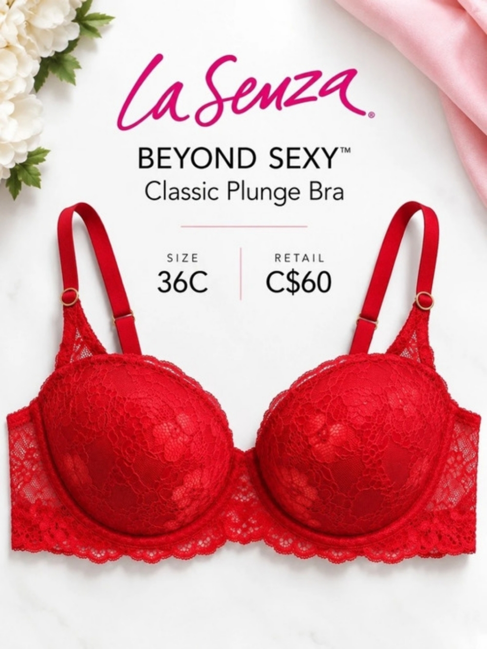 La Senza 🌹 Beyond Sexy Classic Plunge Bra Vibrant Red Lace 36C NWT